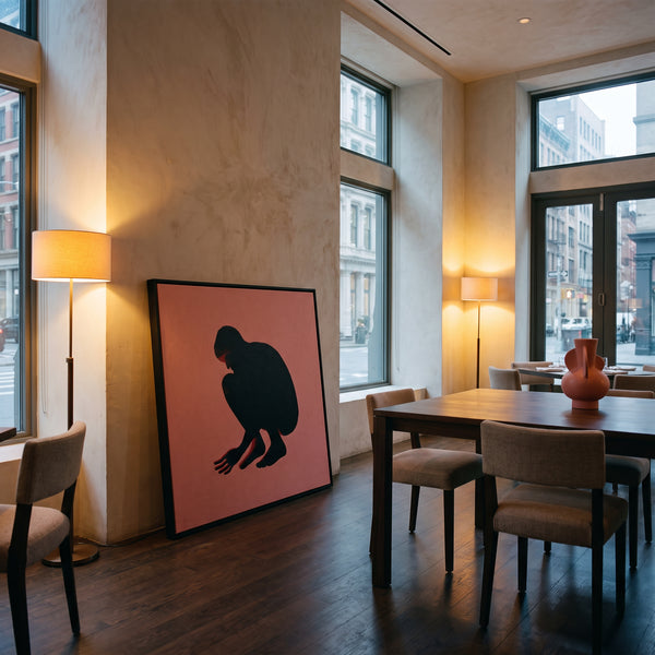 Medium original figurative painting on the wall of a styled room