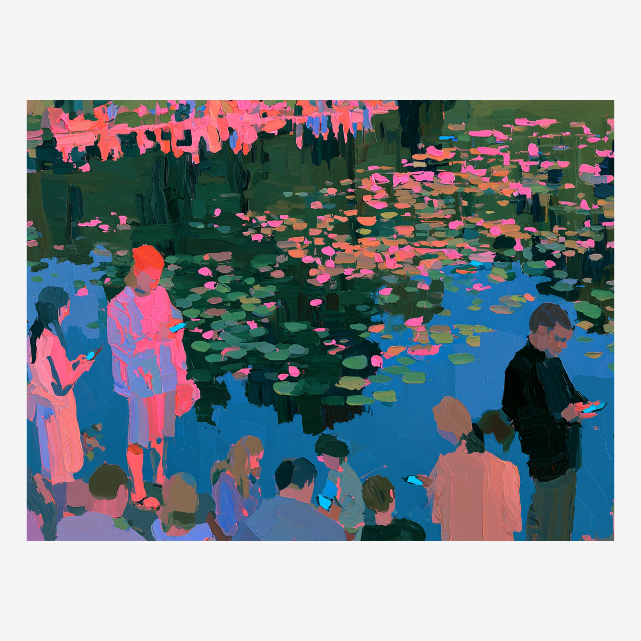 Original water lily painting, pink light on a pond with figures looking down at phones Main image