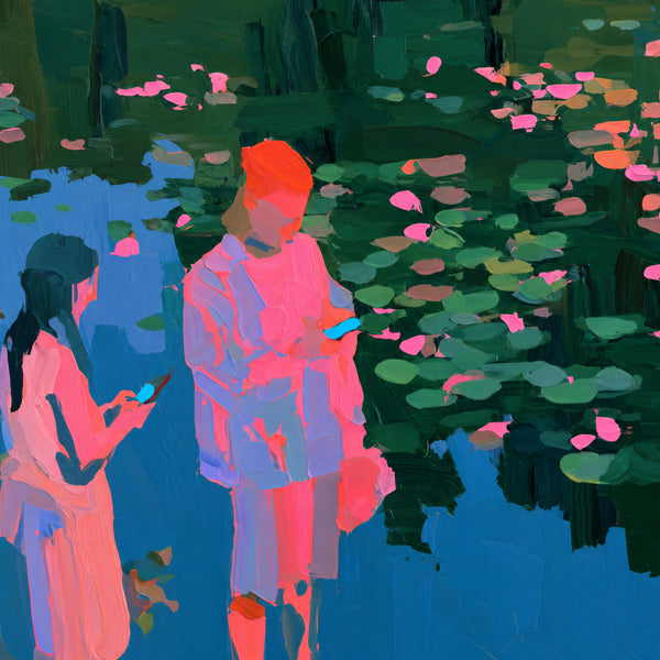 Close detail of the brushwork and paint texture on Time with friends and nature