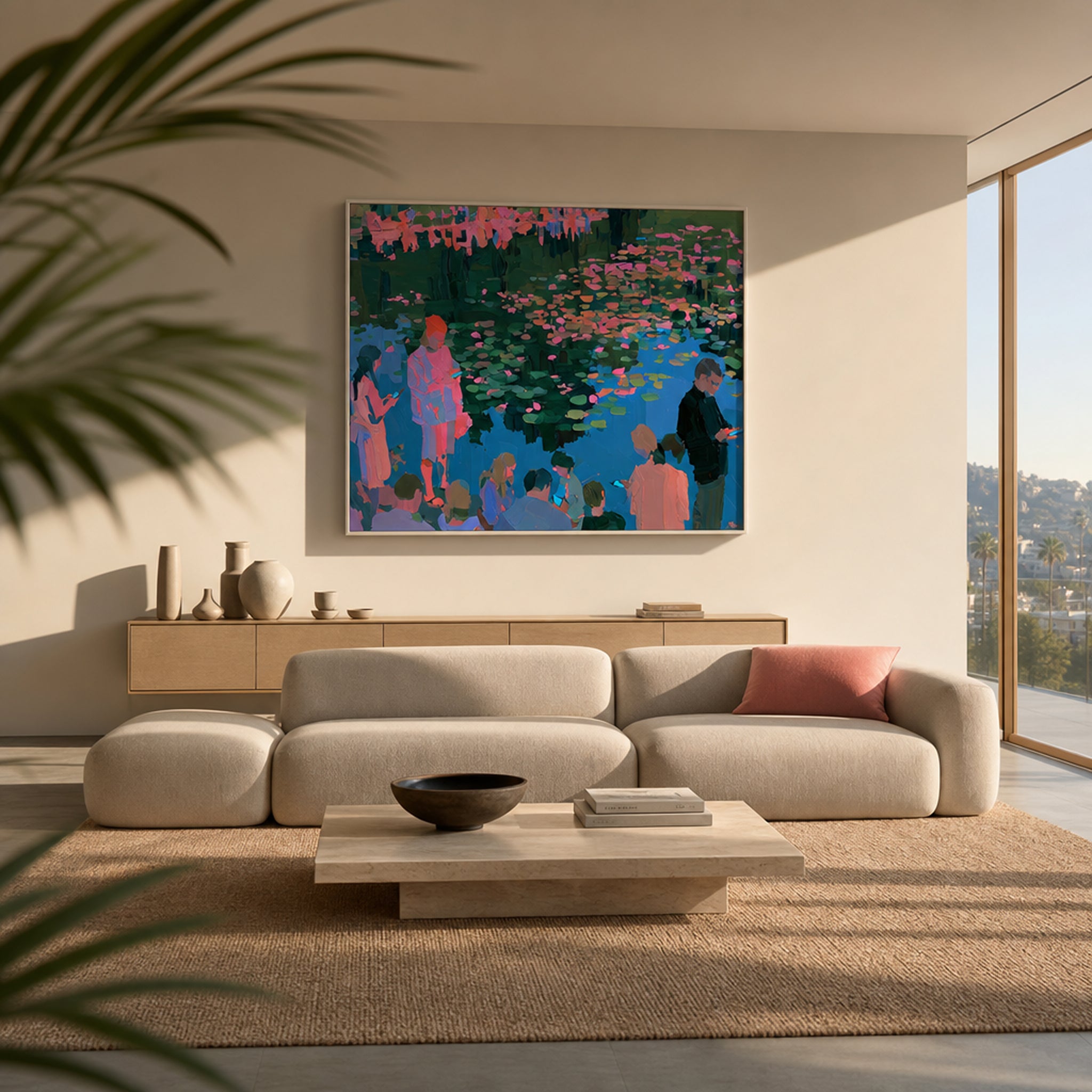 Medium original water lily painting on the wall of a styled room