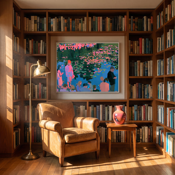Small original water lily painting hanging in a styled interior