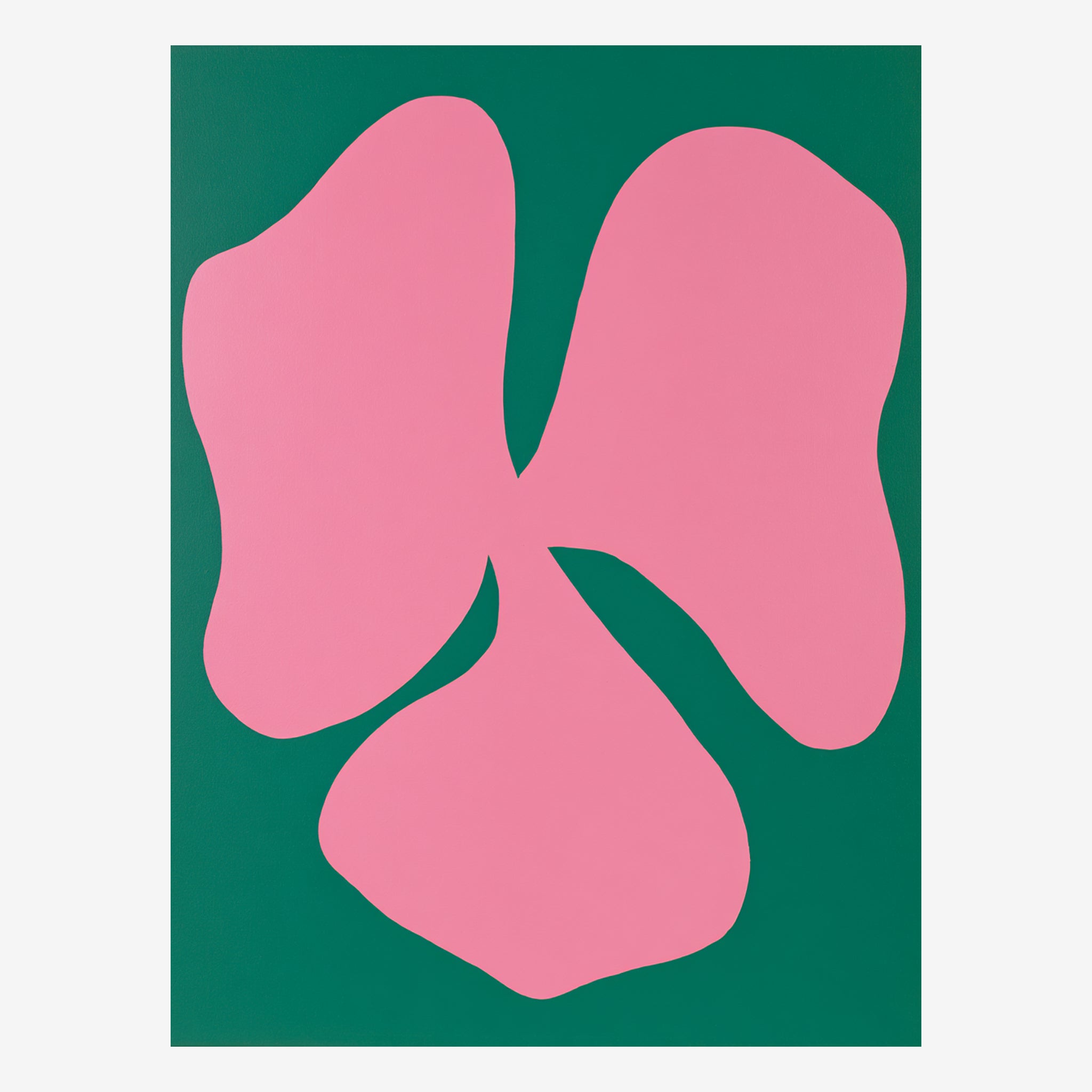 Original bold floral painting, single pink three petal flower on a deep saturated green ground