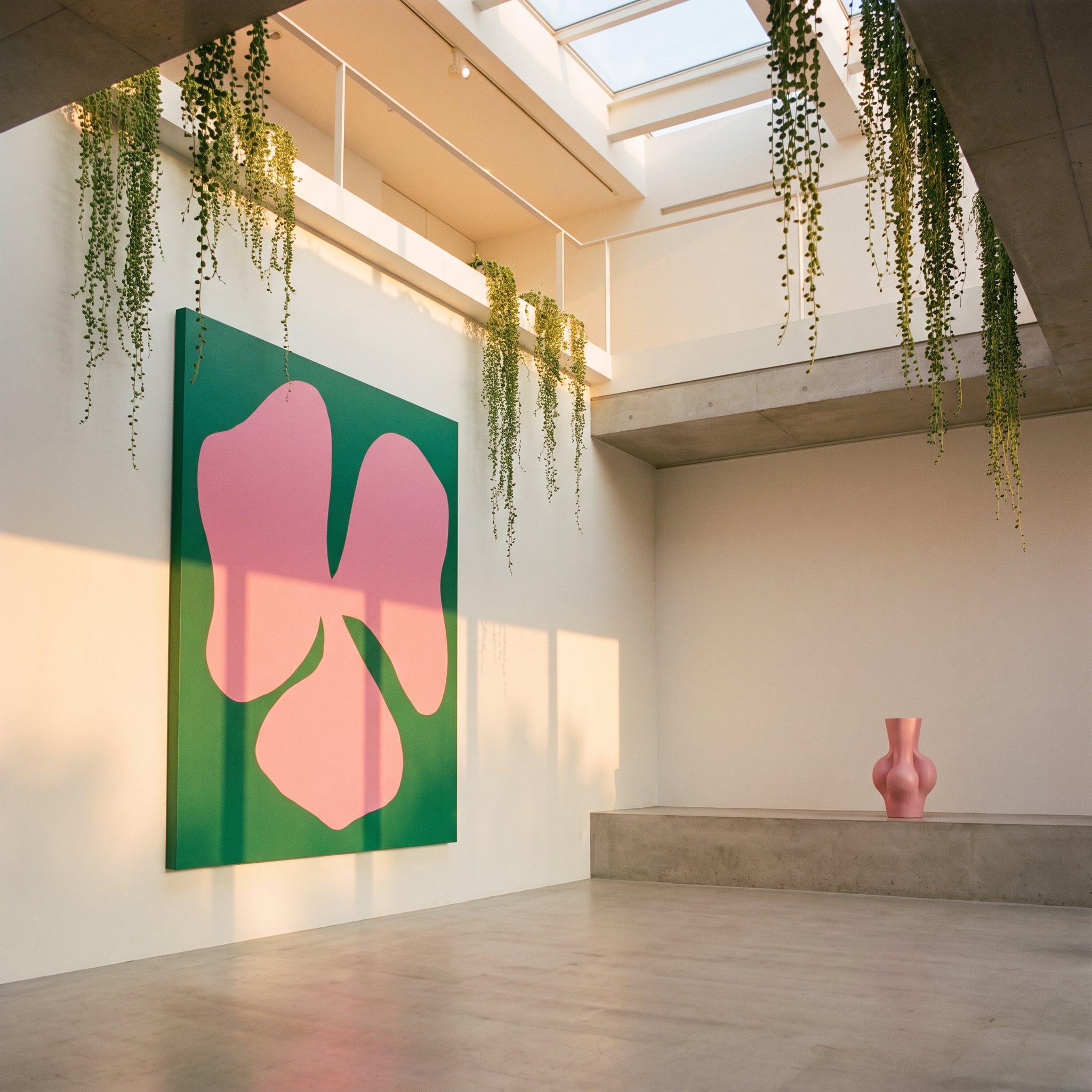 Large original bold floral painting filling a wall in a styled interior