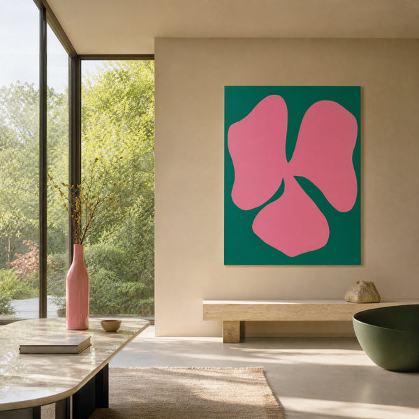 Medium original bold floral painting on the wall of a styled room