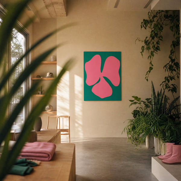 Small original bold floral painting hanging in a styled interior