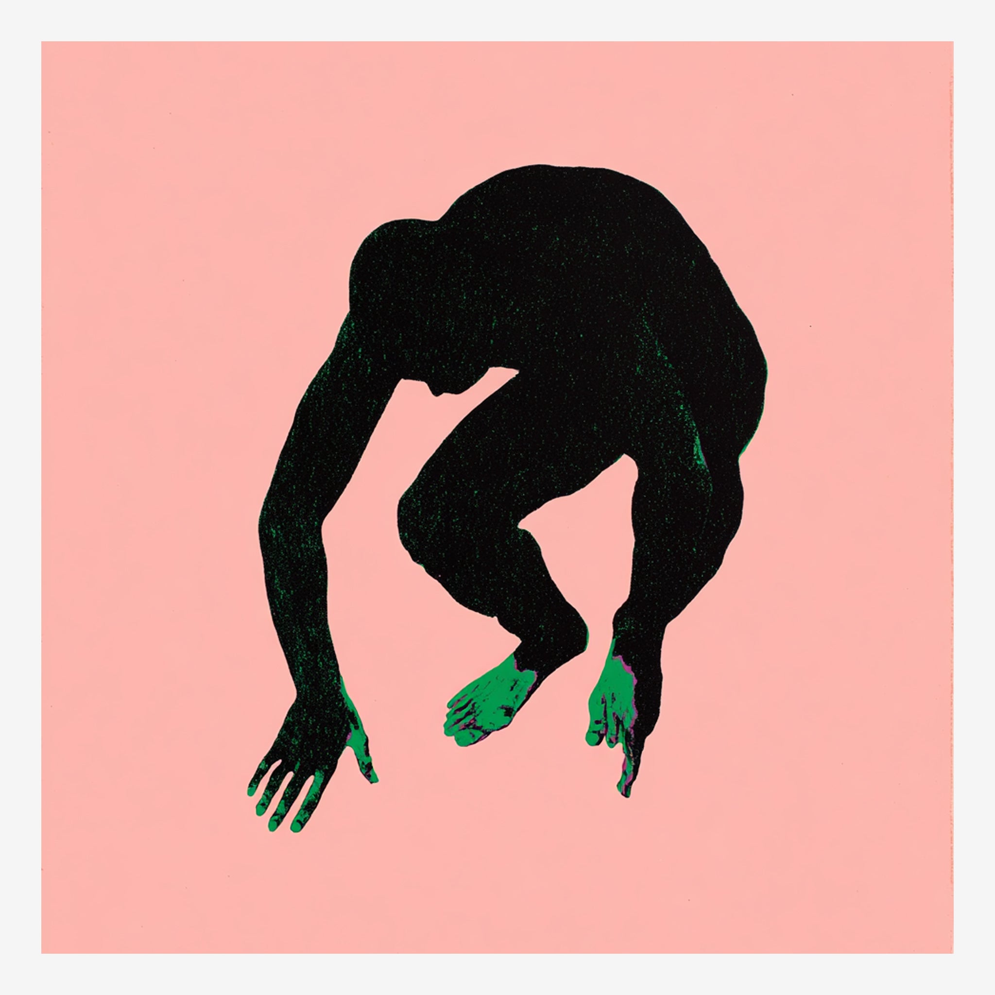 Original hand-painted figurative painting, green-limbed figure falling against hot pink Main image