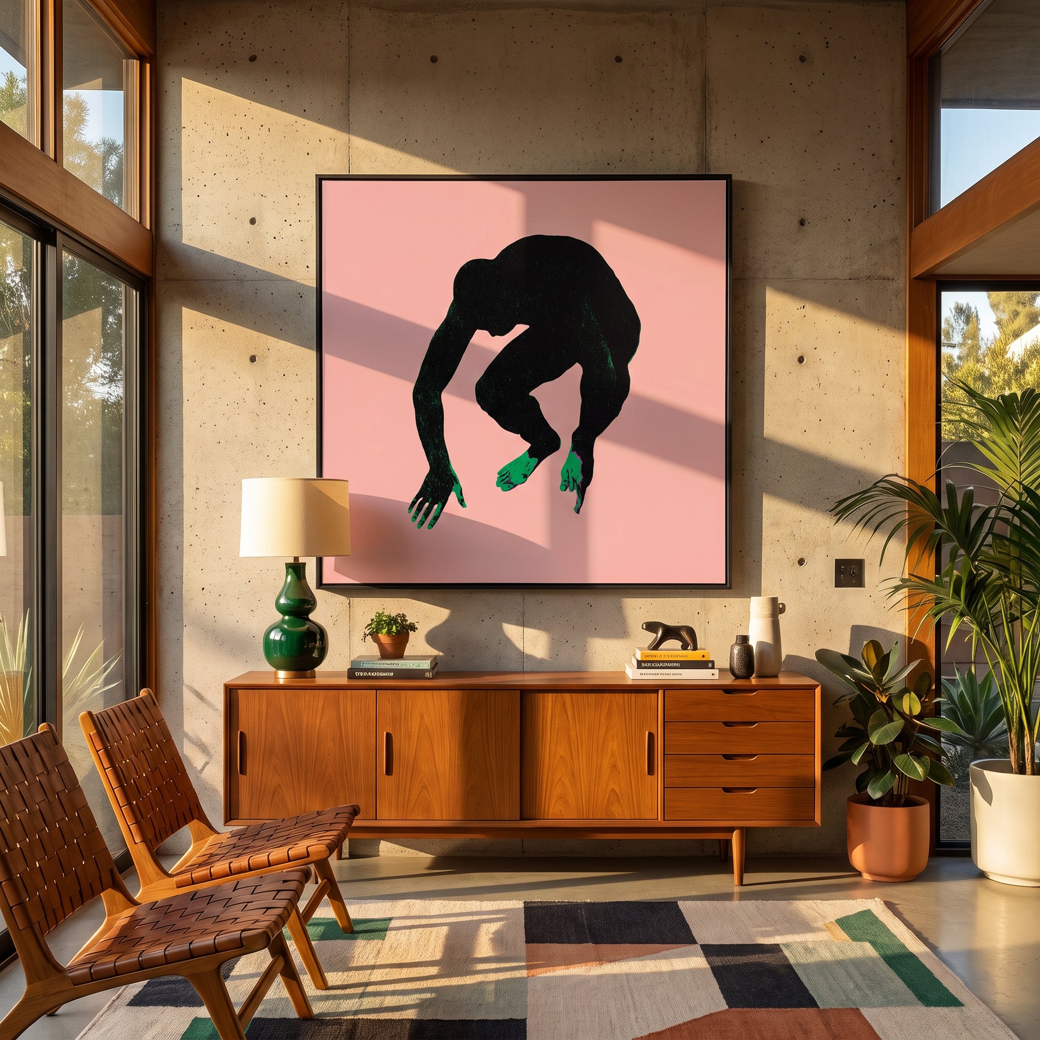 Large original figurative painting filling a wall in a styled interior