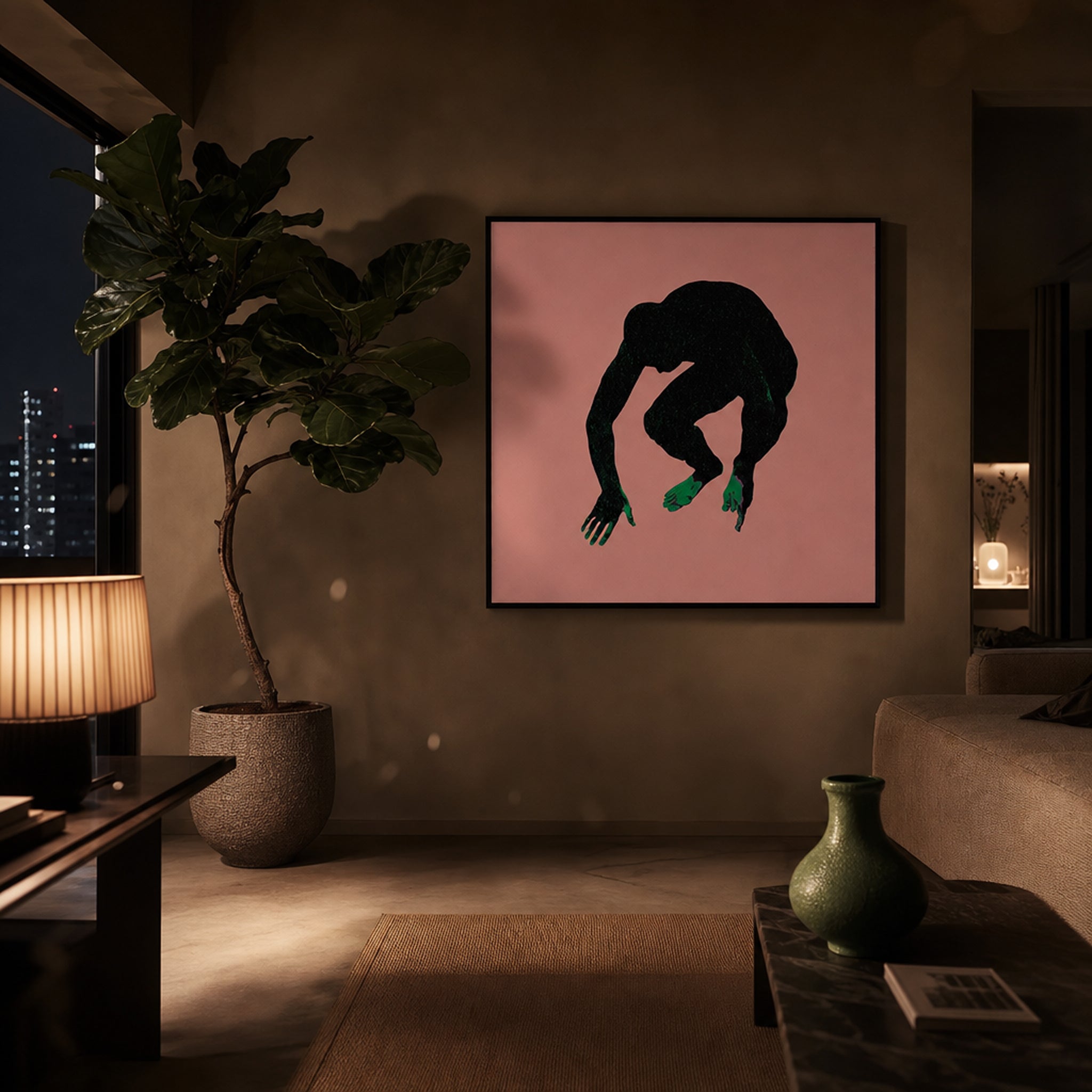 Medium original figurative painting on the wall of a styled room