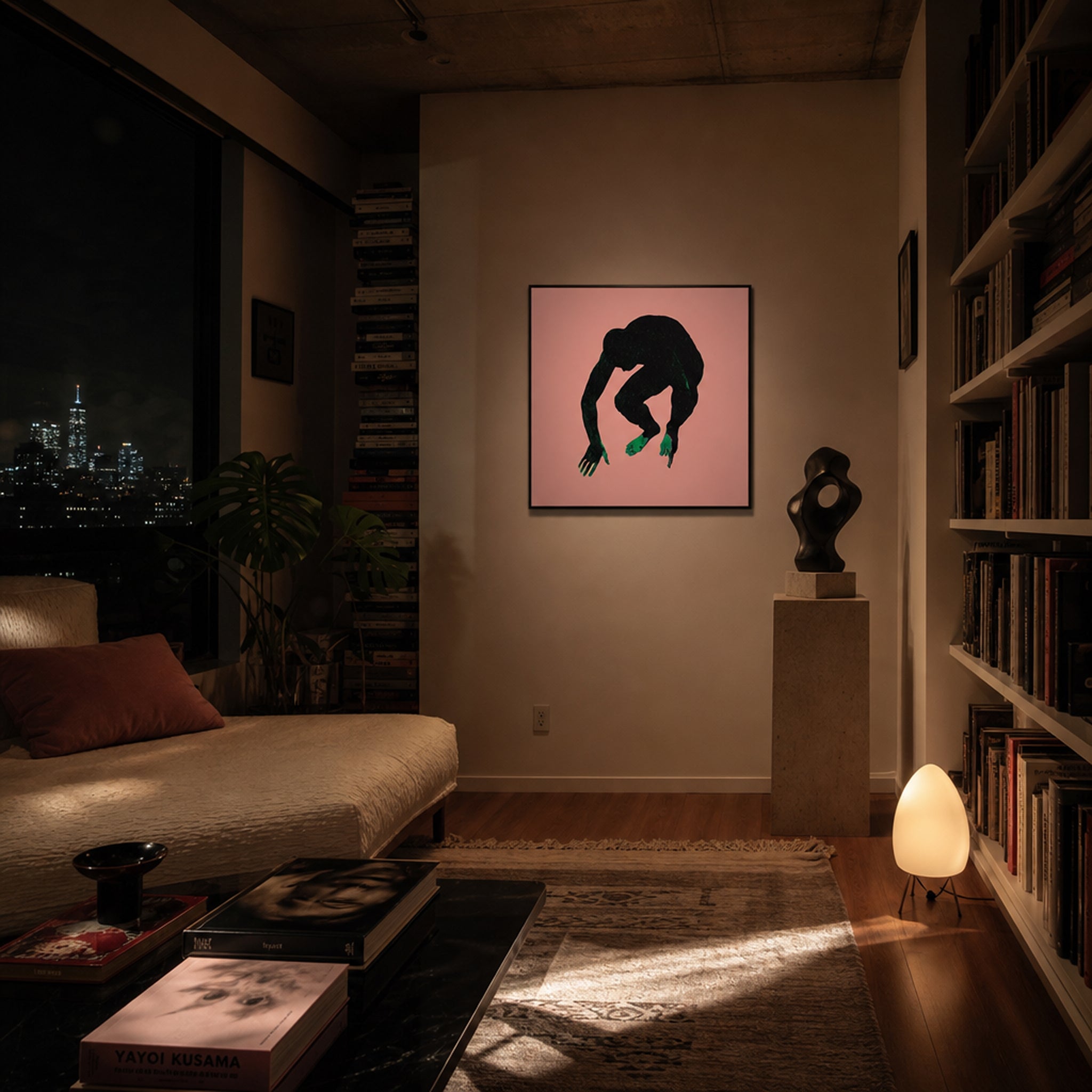 Small original figurative painting hanging in a styled interior
